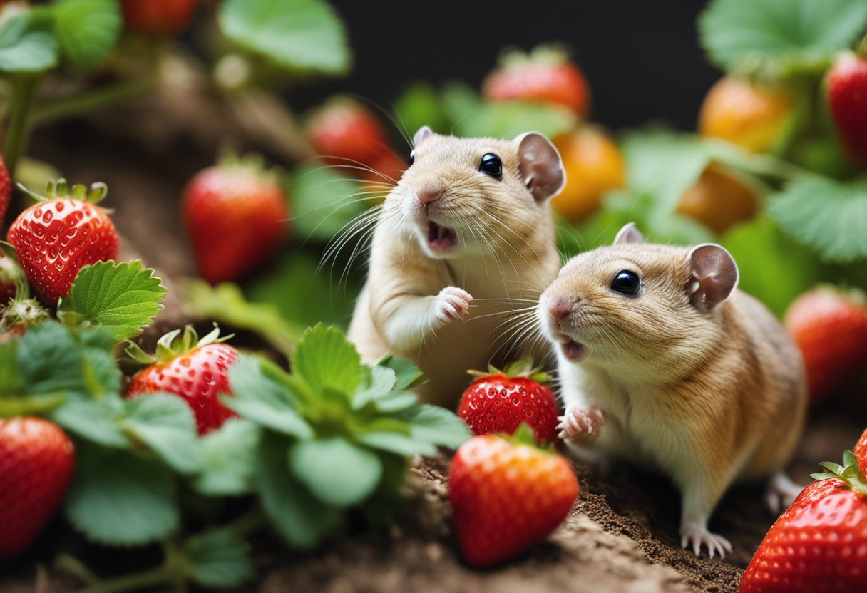 A group of gerbils eagerly munch on fresh strawberries in their cozy habitat