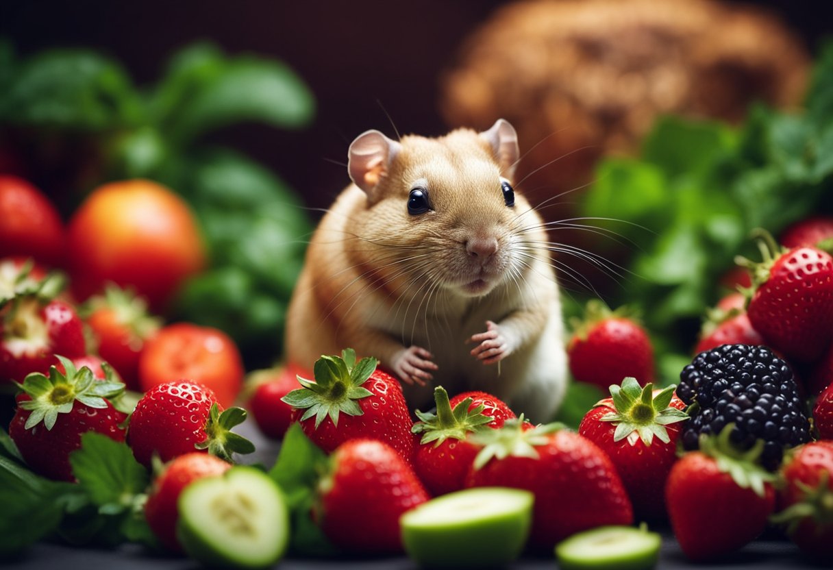 A gerbil nibbles on a juicy strawberry, surrounded by a pile of fresh fruits and vegetables