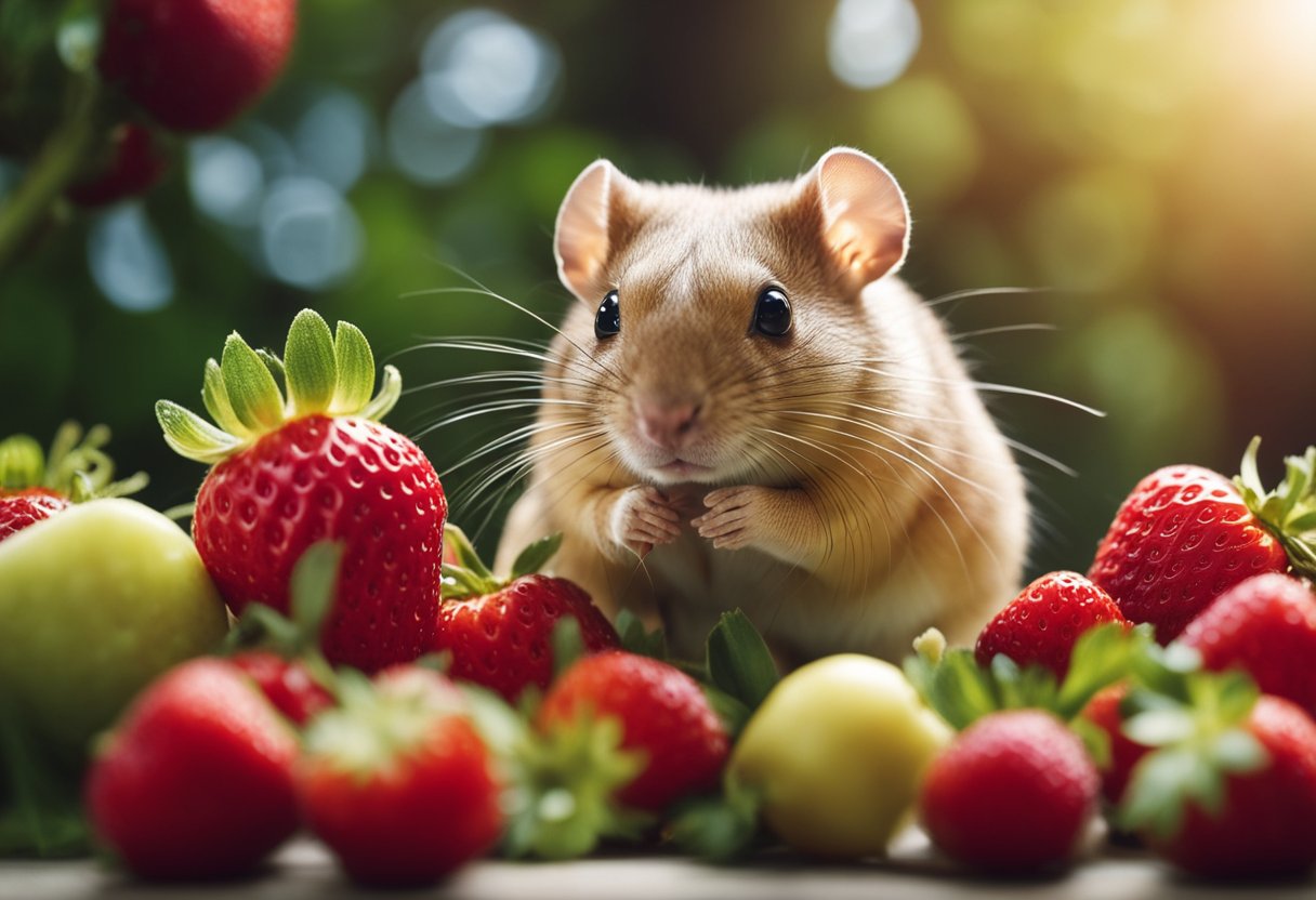A gerbil nibbles on a ripe strawberry, surrounded by scattered fruit pieces and a curious expression