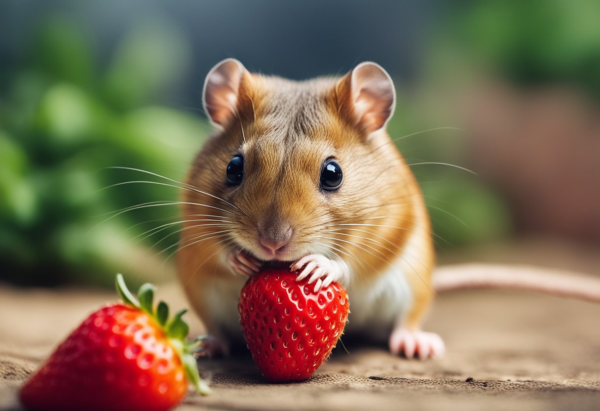 A gerbil eagerly nibbles on a fresh strawberry, its tiny paws holding the fruit as it munches
