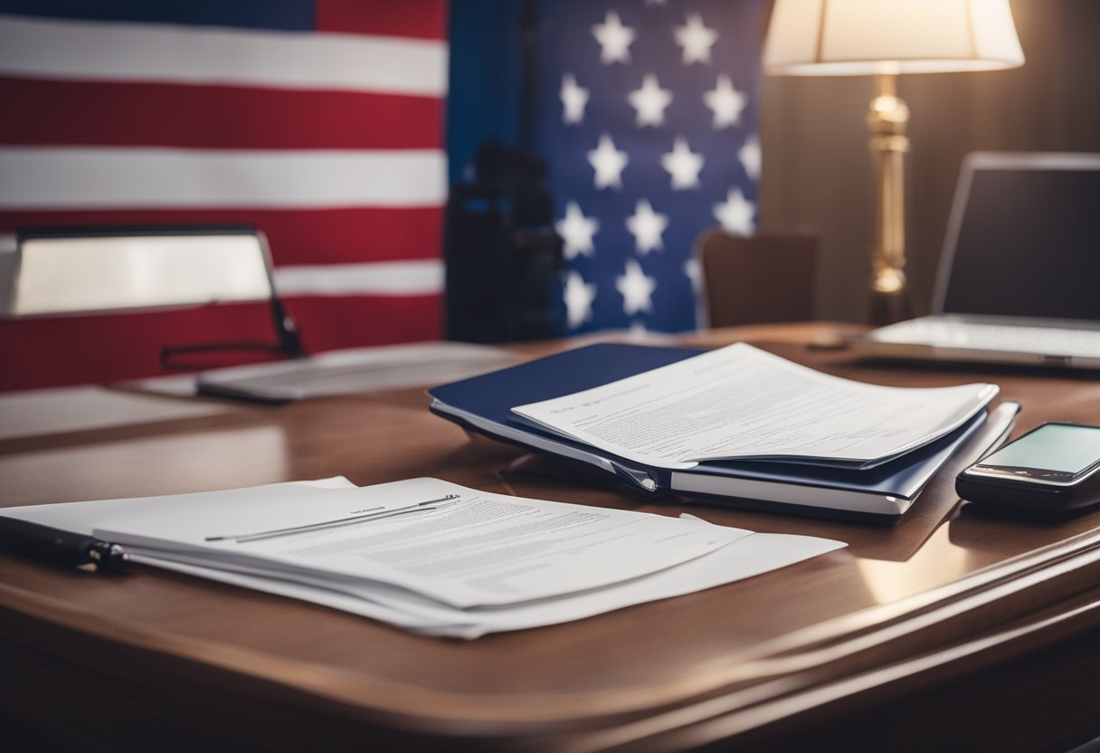 A desk with legal documents, a laptop, and a New York state flag. A person filling out forms and submitting them online