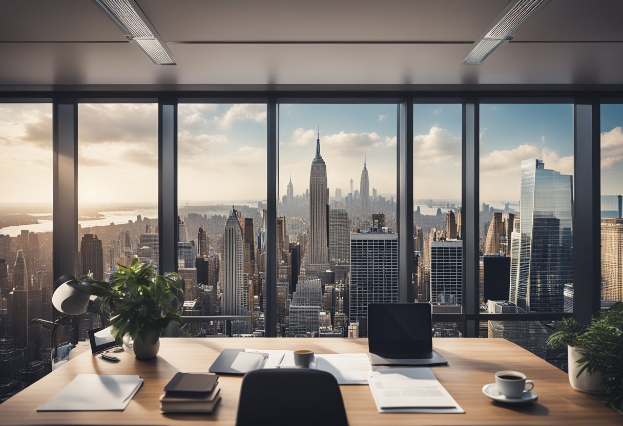 A skyline of New York City with prominent buildings and a legal document labeled "LLC Formation Papers" on a desk with a computer and a cup of coffee