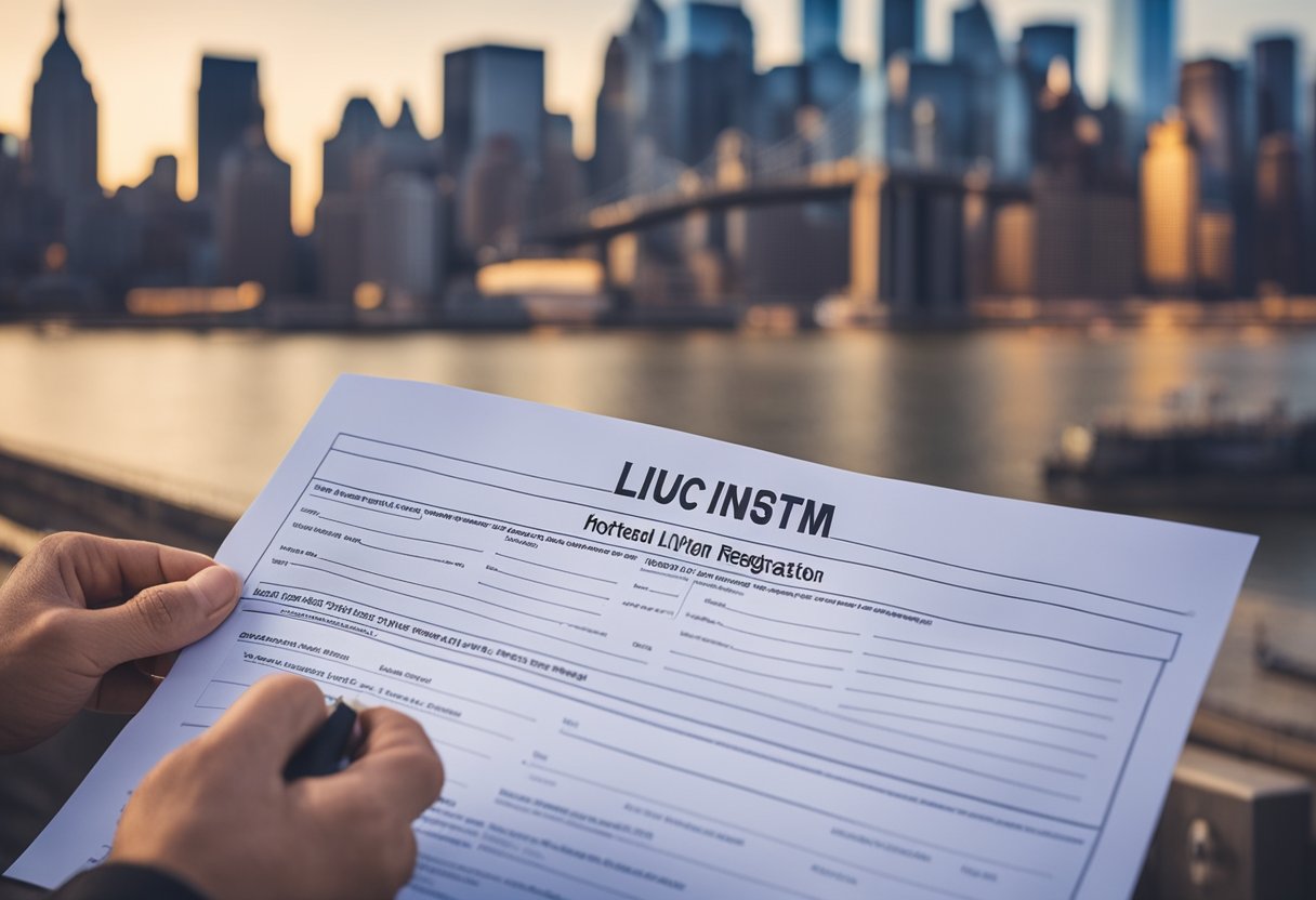 A person writing a name on a blank LLC registration form with a New York skyline in the background