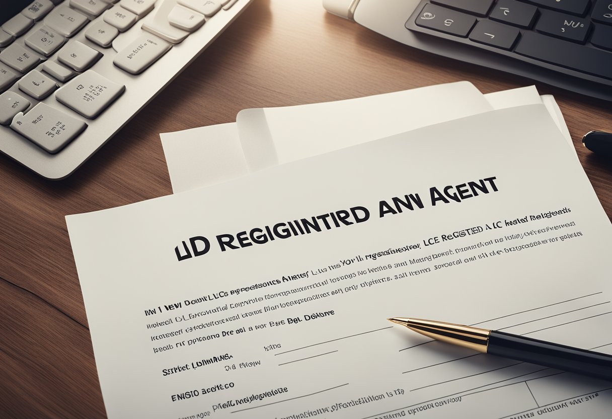 A hand reaches out to a document titled "Designating a Registered Agent How to Start an LLC in New York." The document is placed on a desk with a laptop and a pen nearby