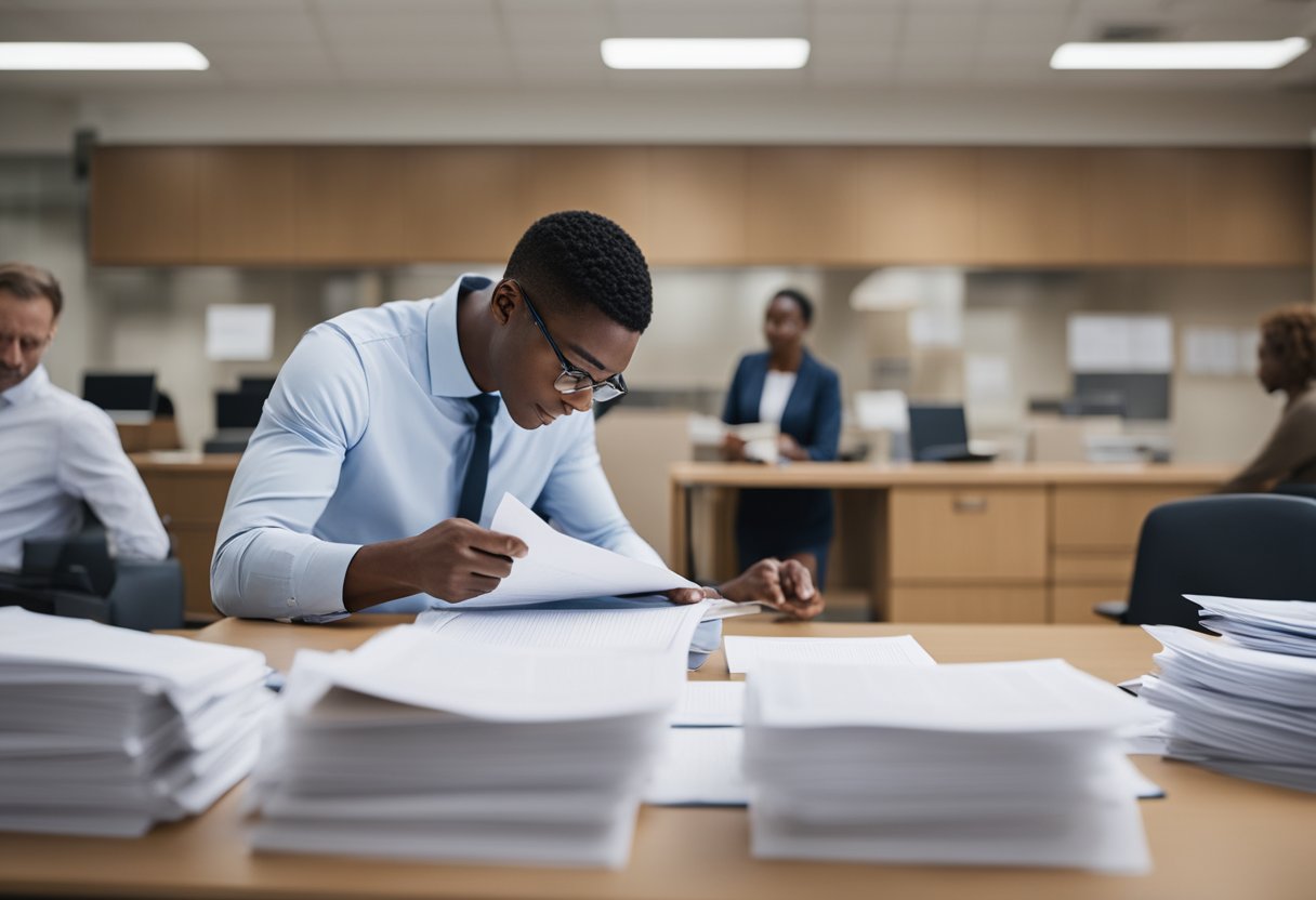 A person submits paperwork at a government office, surrounded by other business owners. The room is bright and clean, with a large desk and official-looking documents