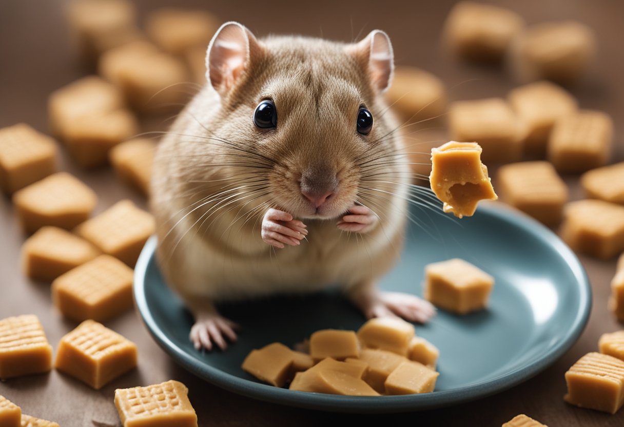 A gerbil sniffs a dollop of peanut butter on a small plate