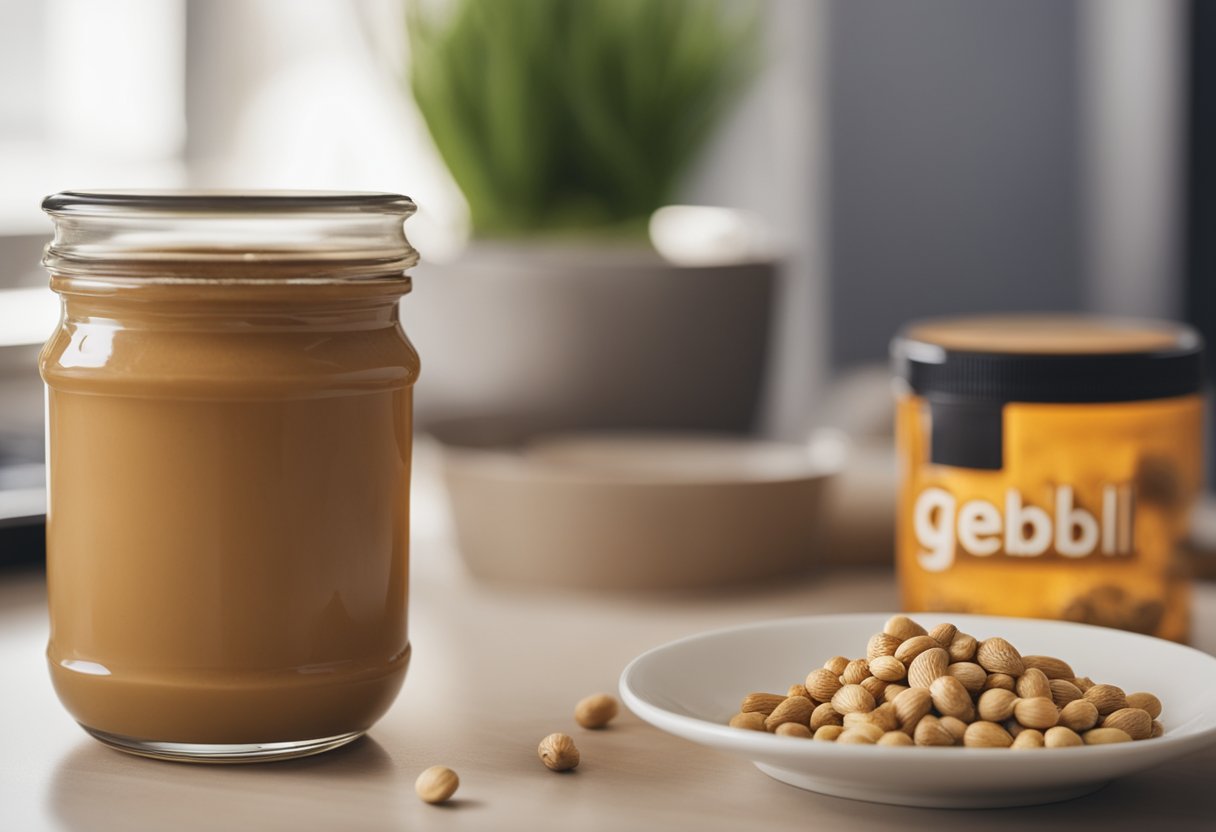 A jar of peanut butter next to a bowl of gerbil food, with a curious gerbil sniffing the jar