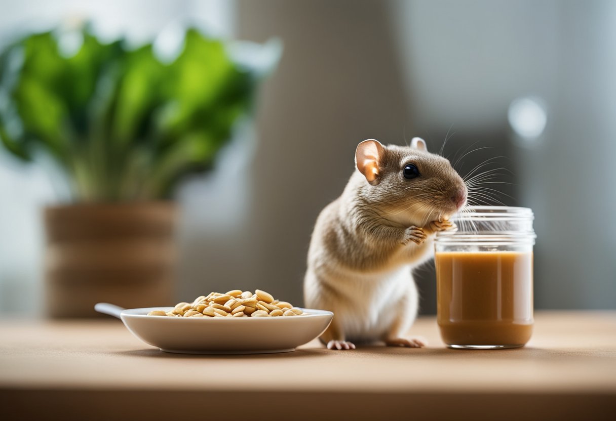A gerbil eagerly nibbles on a small amount of peanut butter, next to a water bottle and a bowl of fresh vegetables