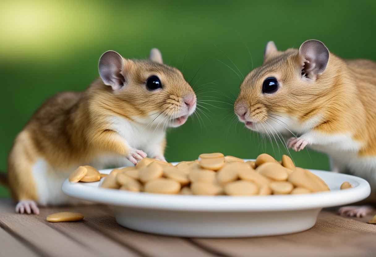 Gerbils surround a small dish of peanut butter, some eagerly tasting while others hesitate, illustrating the potential benefits and risks of feeding peanut butter to gerbils
