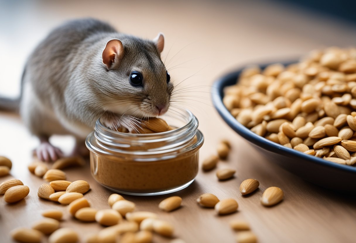 A gerbil nibbles on a small dish of seeds and vegetables, while a jar of peanut butter sits untouched nearby