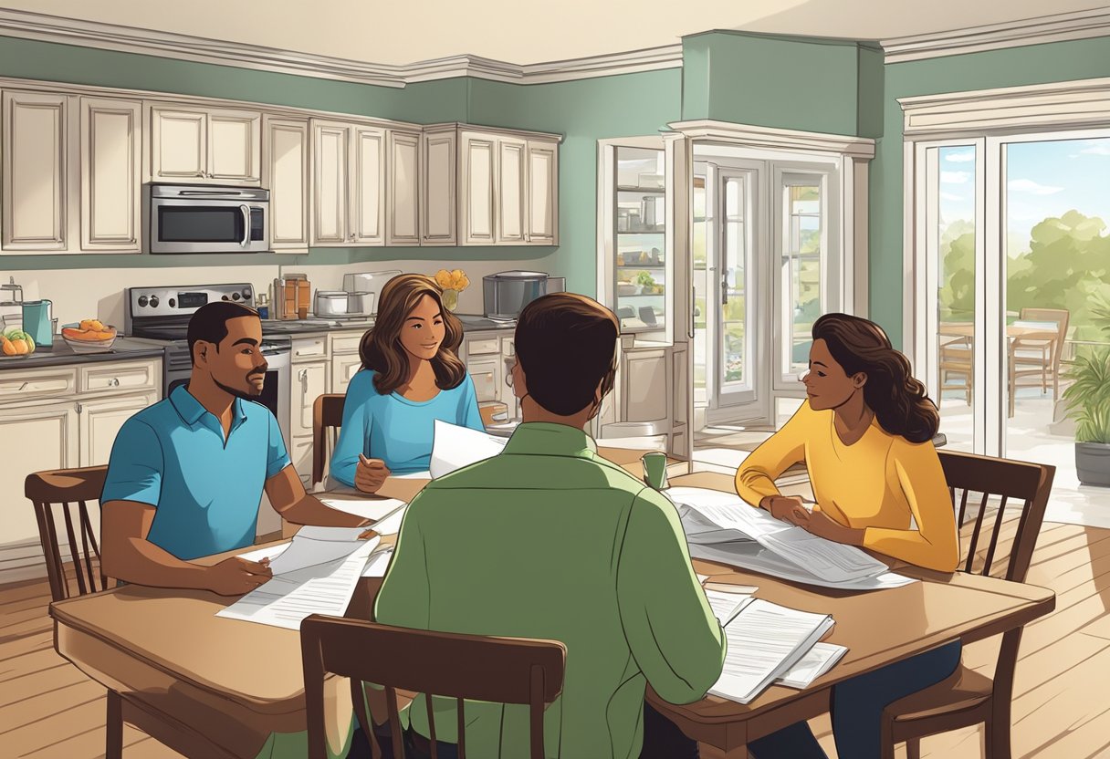 A family sits at a kitchen table, discussing life insurance. Papers and brochures are spread out as they listen intently to an insurance agent's presentation