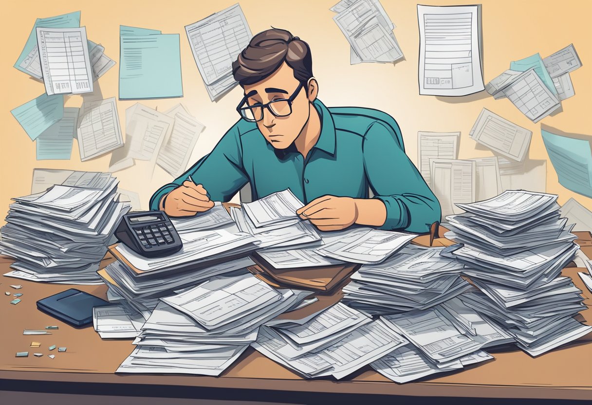 A pile of unpaid bills and a stack of life insurance policies on a cluttered desk, with a calculator and a worried expression on a person's face