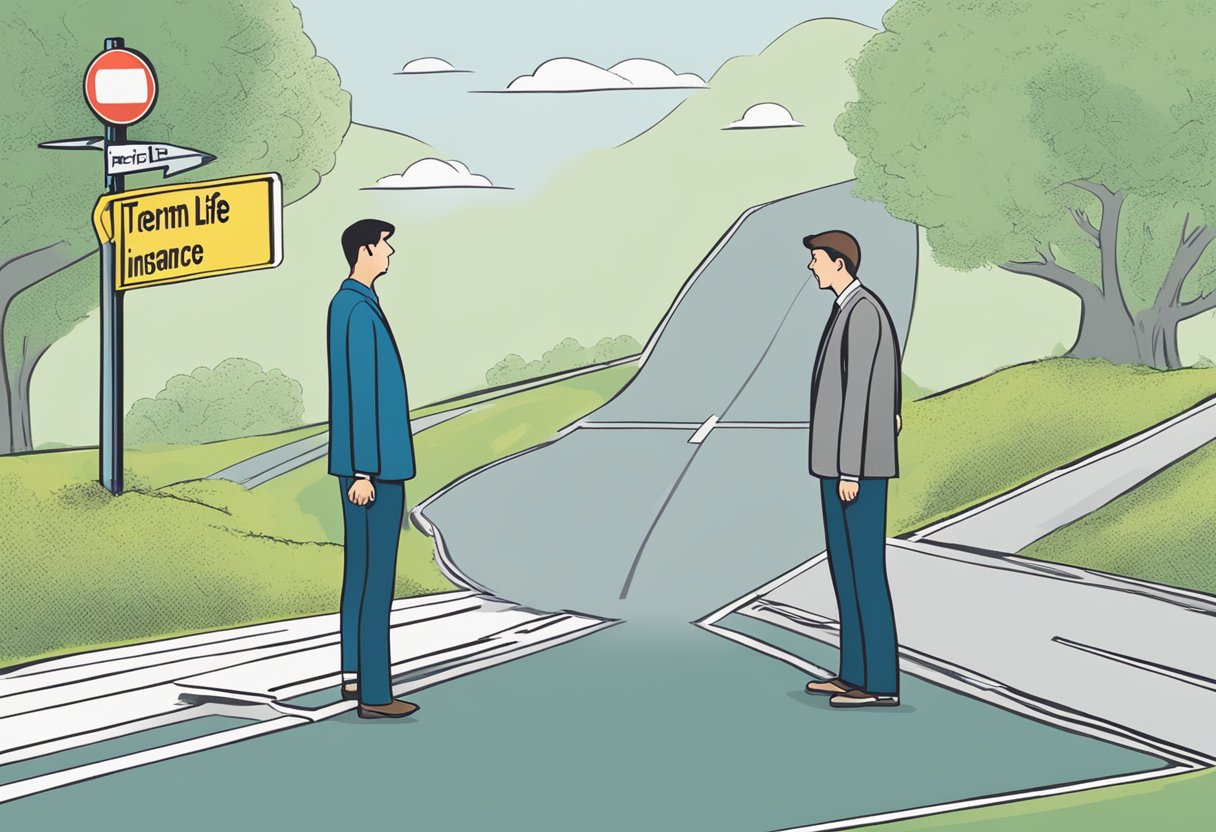 A person standing at a crossroads, with two signs pointing in different directions: "Term Life Insurance" and "Whole Life Insurance". The person looks contemplative, trying to decide which policy is the right choice