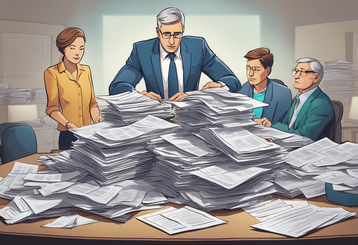 A pile of paperwork sits on a desk, surrounded by frustrated individuals. A spotlight shines on a stack of life insurance policies, revealing the complex and confusing claims process