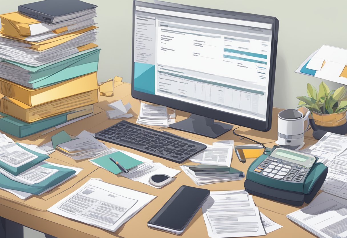 A desk cluttered with paperwork, a computer screen displaying policy details, and a stack of insurance documents