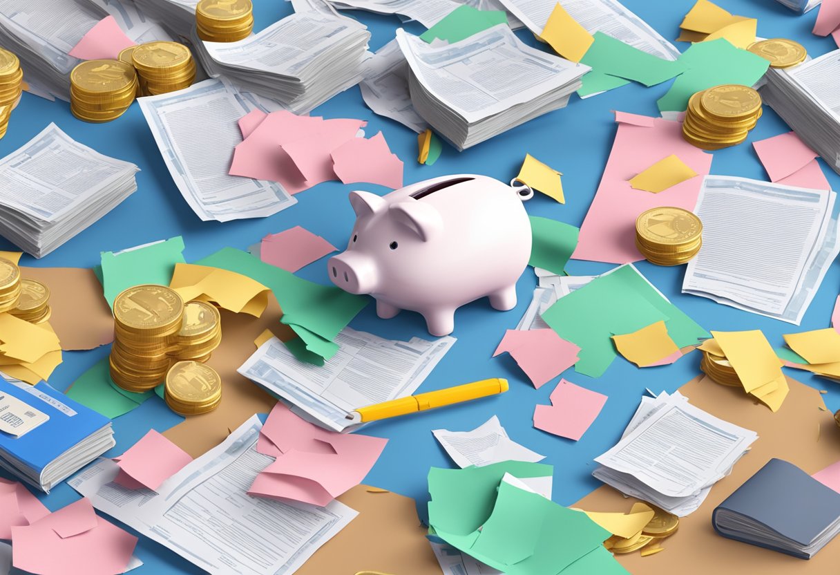 A pile of torn life insurance policies scattered on a desk, with a shattered piggy bank in the background