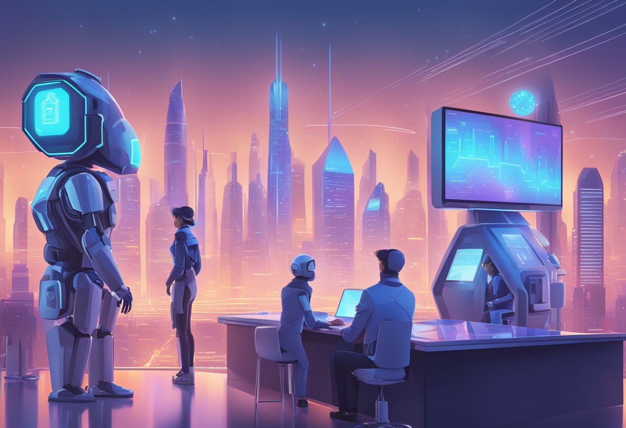 A futuristic city skyline with robotic figures purchasing life insurance policies from holographic displays