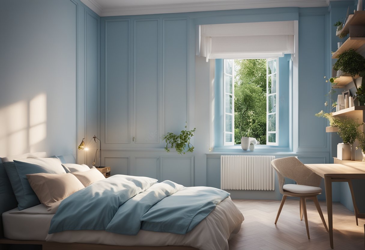 A cozy 15 sqm bedroom with a queen-sized bed, a small desk, and a window overlooking a peaceful garden. The walls are painted a soothing blue, and there are soft, warm lights scattered around the room