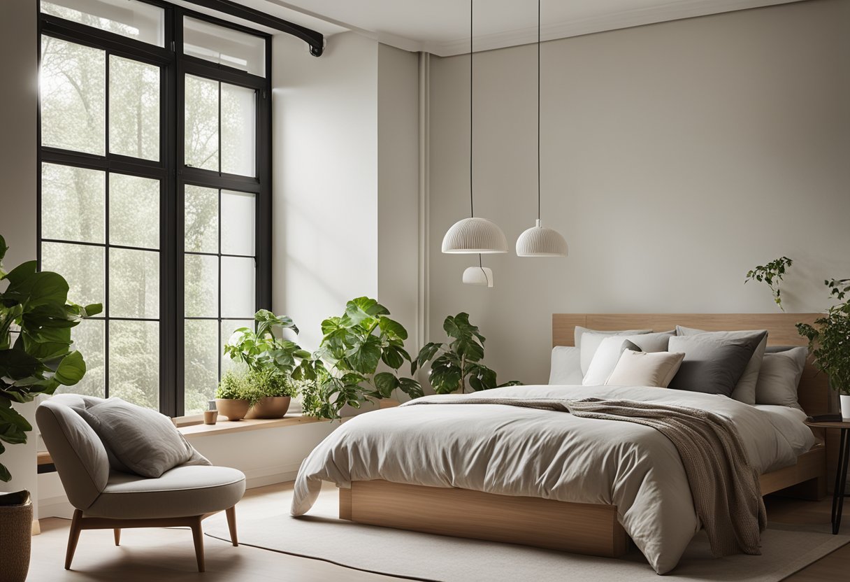 A cozy 15 sqm bedroom with a minimalist design. A large window lets in natural light, highlighting the neutral color palette and clean lines of the furniture. A potted plant adds a touch of greenery