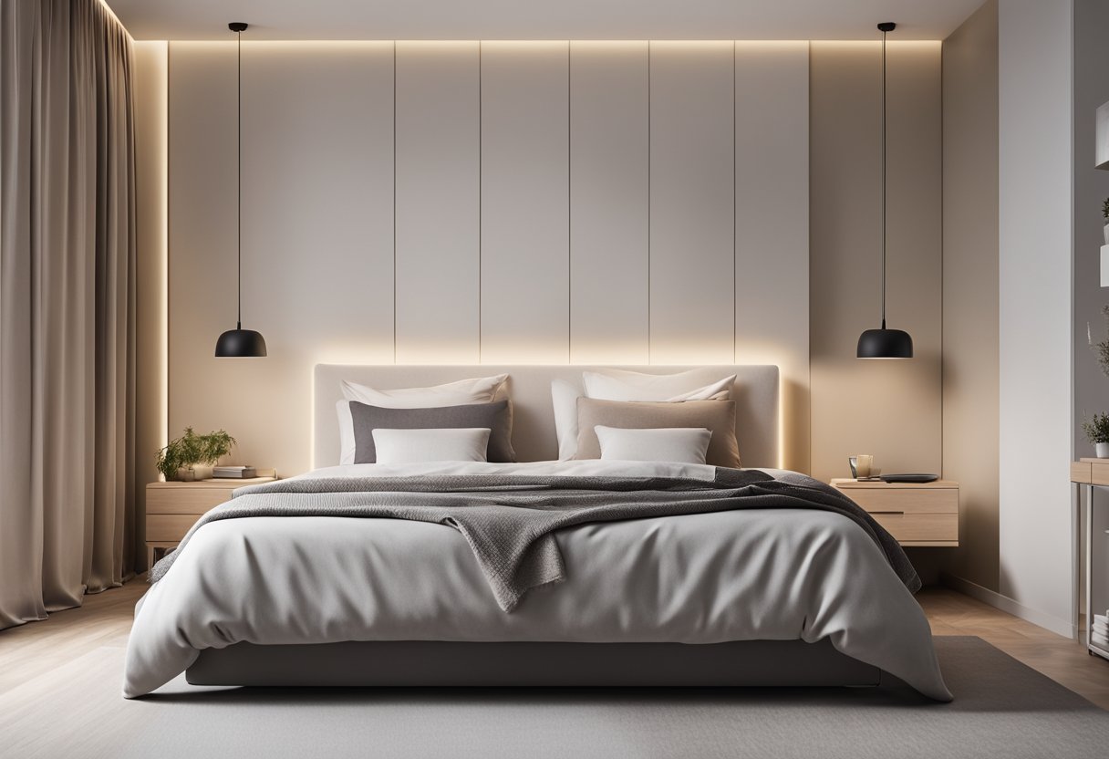 A cozy 15 sqm bedroom with a minimalist design. A single bed with a sleek headboard, a small nightstand, and a compact desk with a chair. Soft lighting and a neutral color palette create a serene atmosphere