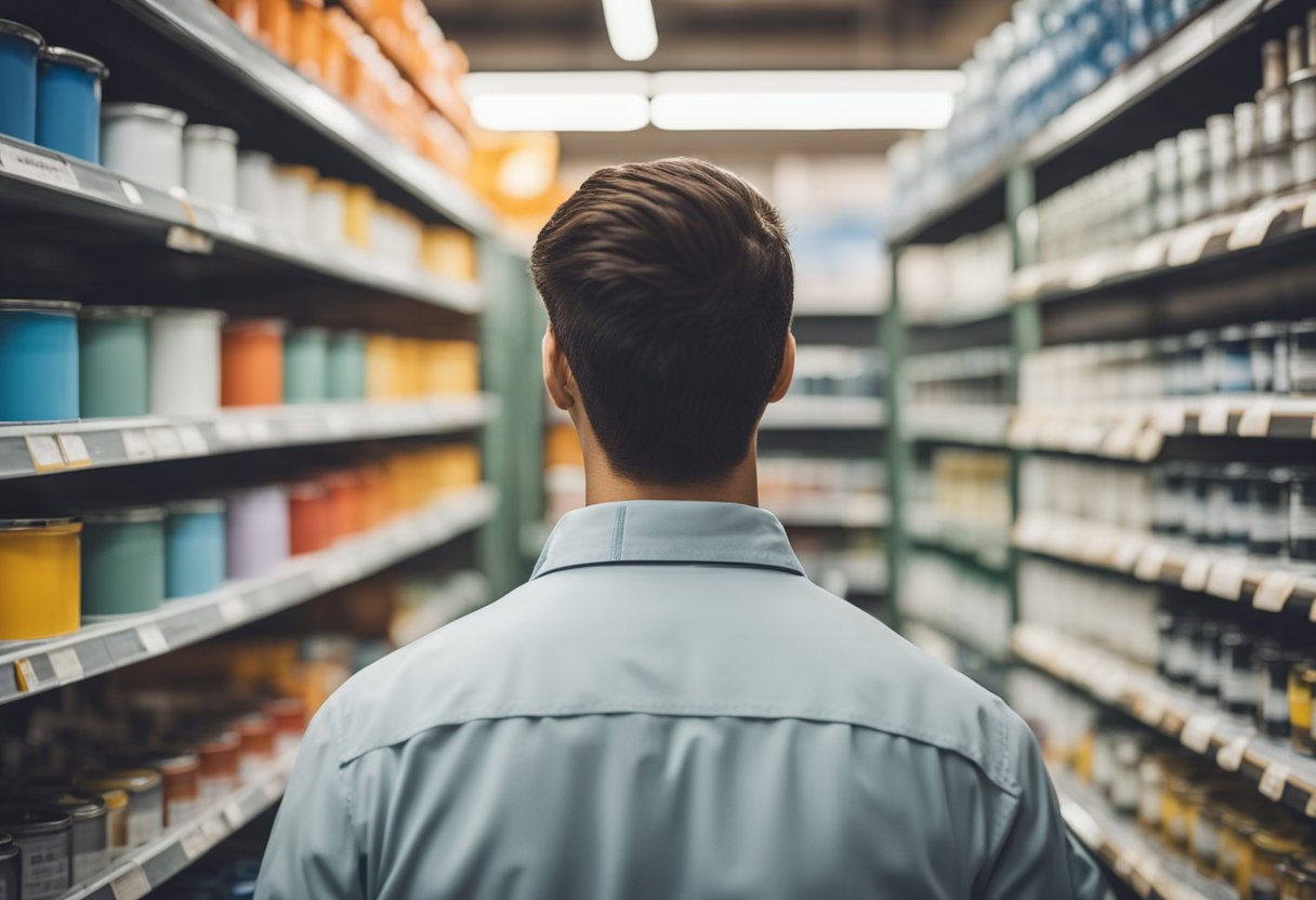 A person stands in a hardware store, holding a paint swatch and pondering how much paint is needed for a 3-bedroom house. Paint cans and color options line the shelves