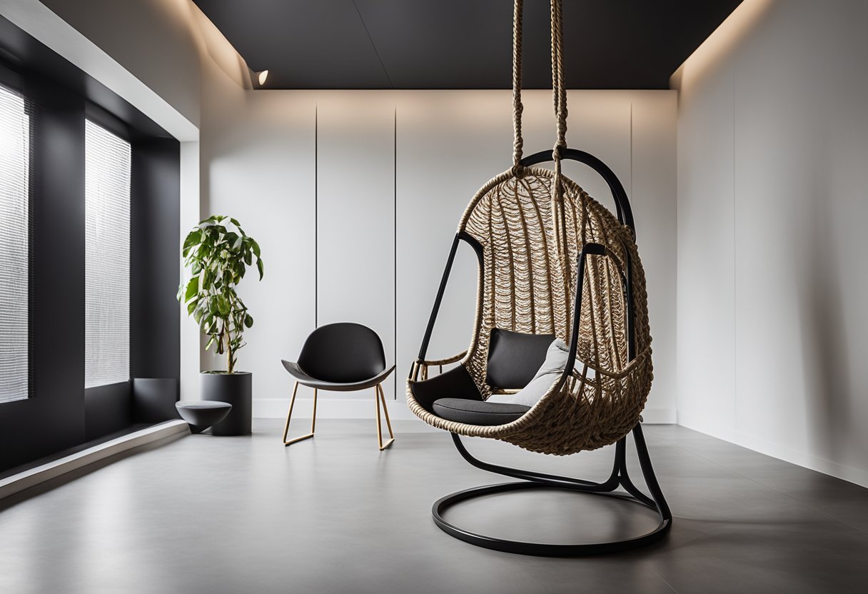 A room with rope accents, like a hanging chair or woven wall art, in a modern, minimalist interior design setting