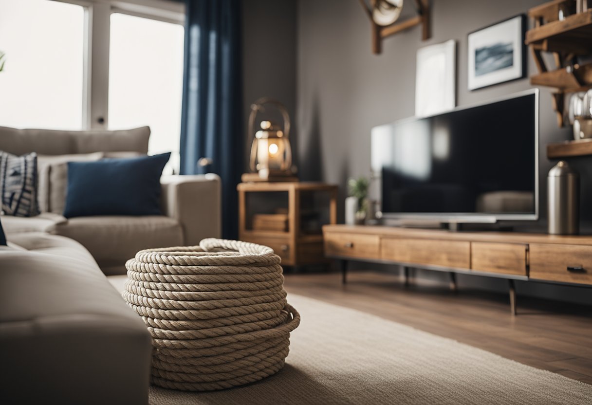 A cozy nautical-themed living room with textured rope accents contrasted with smooth wood and metal elements