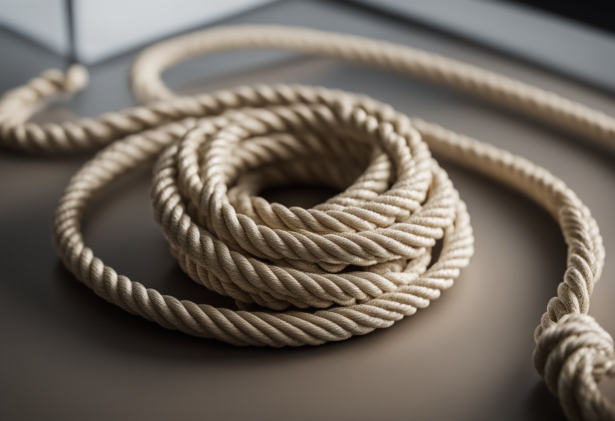 A neatly coiled rope sits on a sleek, modern interior design table, with a minimalist backdrop and soft lighting