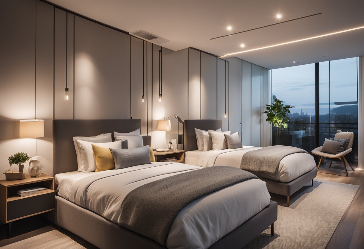 A cozy bedroom with two beds, cleverly arranged to maximize space and style. Clean lines, modern furniture, and soft lighting create a comfortable and inviting atmosphere