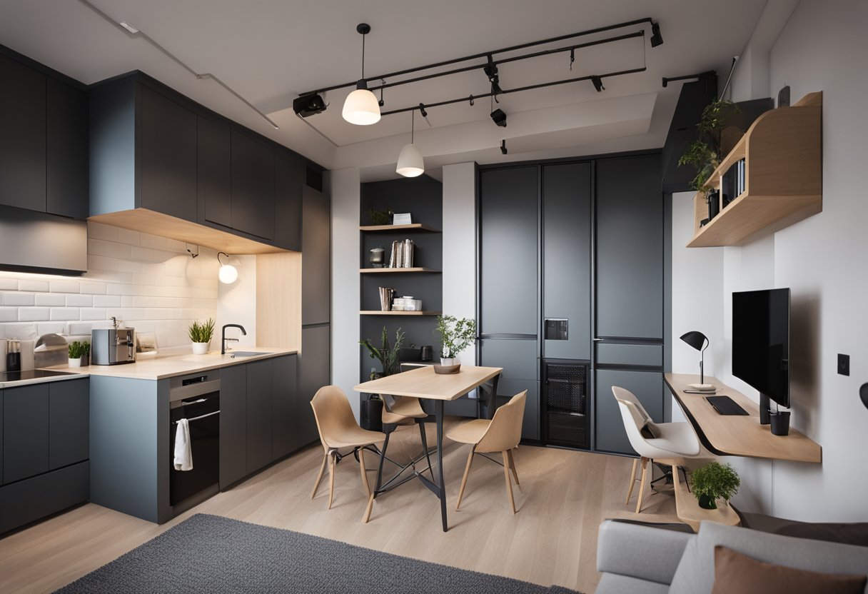 A studio condo with a minimalist design, featuring a loft bed above a compact living area, a foldable dining table, and built-in storage solutions to maximize space