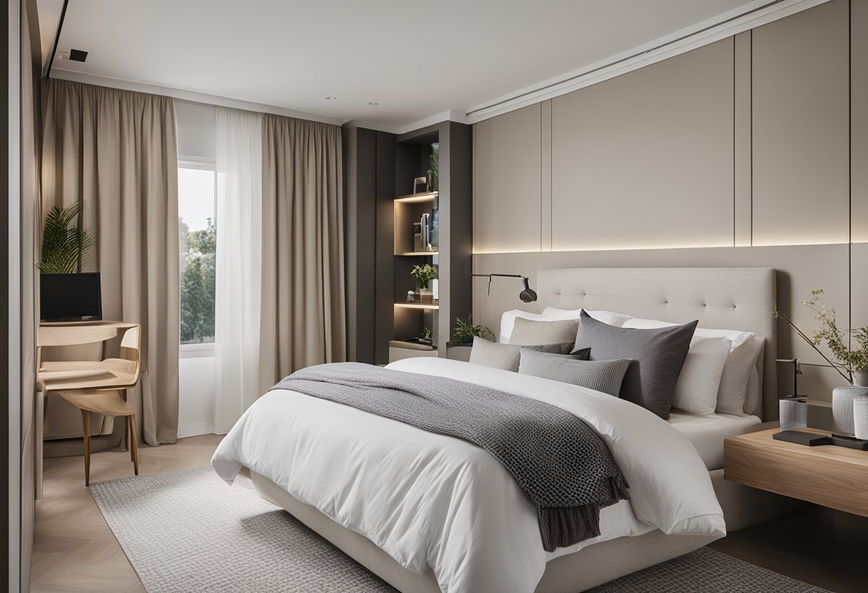 A bedroom with two beds, modern design, and clean lines. Neutral color palette with pops of color in the bedding and decor. Simple and functional layout