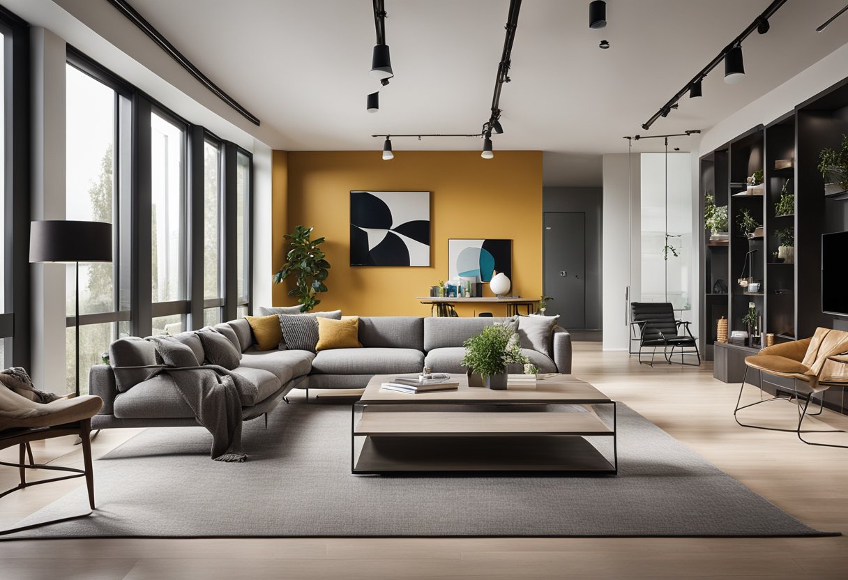 A modern, open-concept living space with sleek furniture, bold accent colors, and personalized decor. Large windows let in natural light, creating a warm and inviting atmosphere