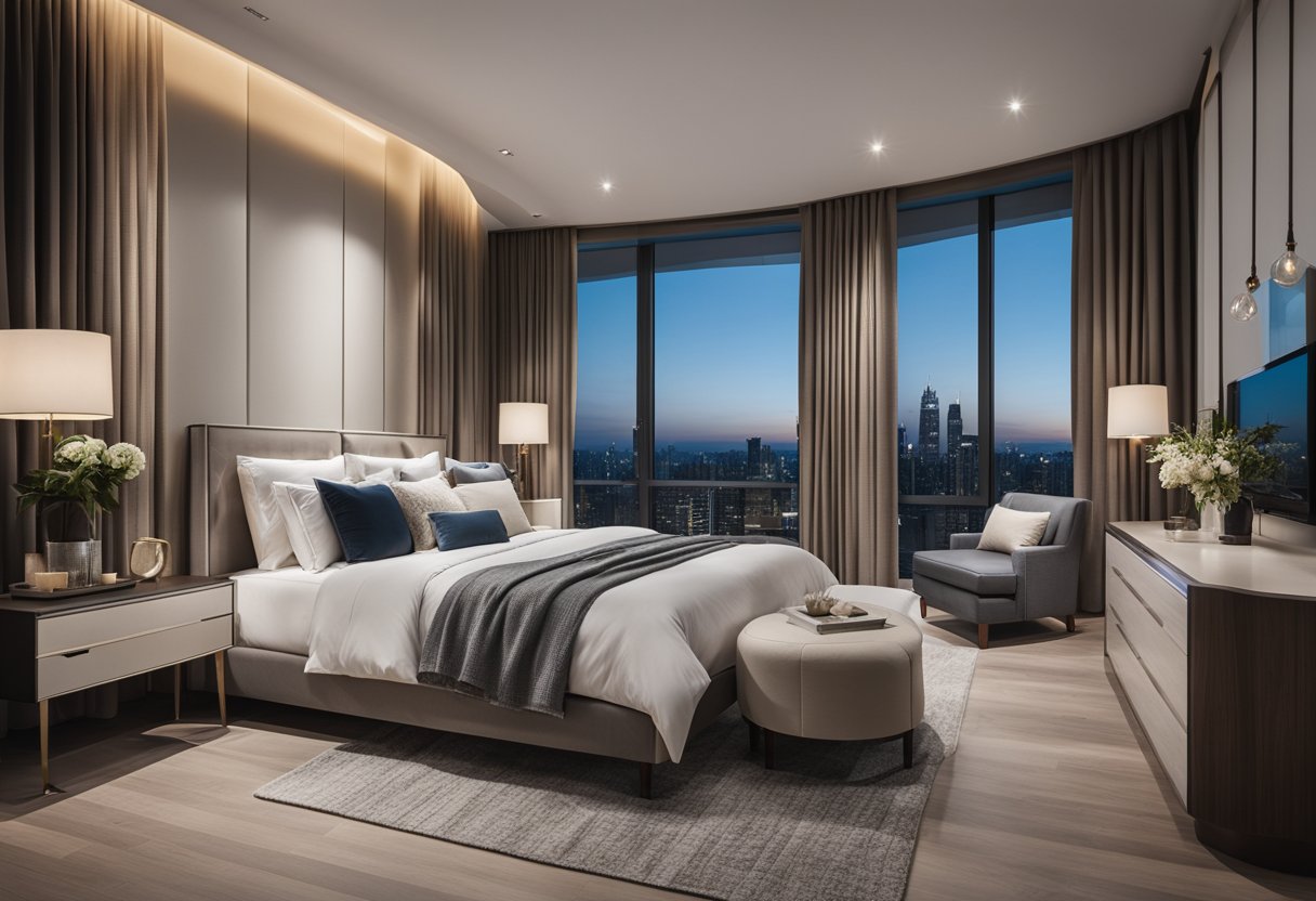 A spacious master bedroom with a modern design, featuring a king-sized bed, a sleek wardrobe, and large windows with sheer curtains