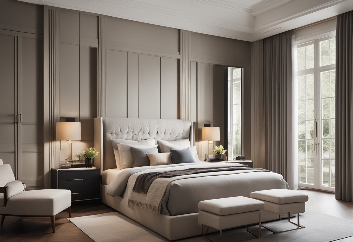 A spacious master bedroom with a neutral color palette, a king-sized bed with a sleek headboard, built-in wardrobe, and a cozy reading nook by the window