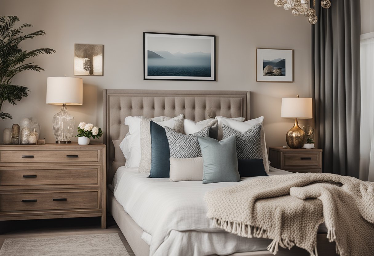 A cozy master bedroom with unique decor, such as personalized artwork, family photos, and sentimental objects, creating a warm and inviting atmosphere