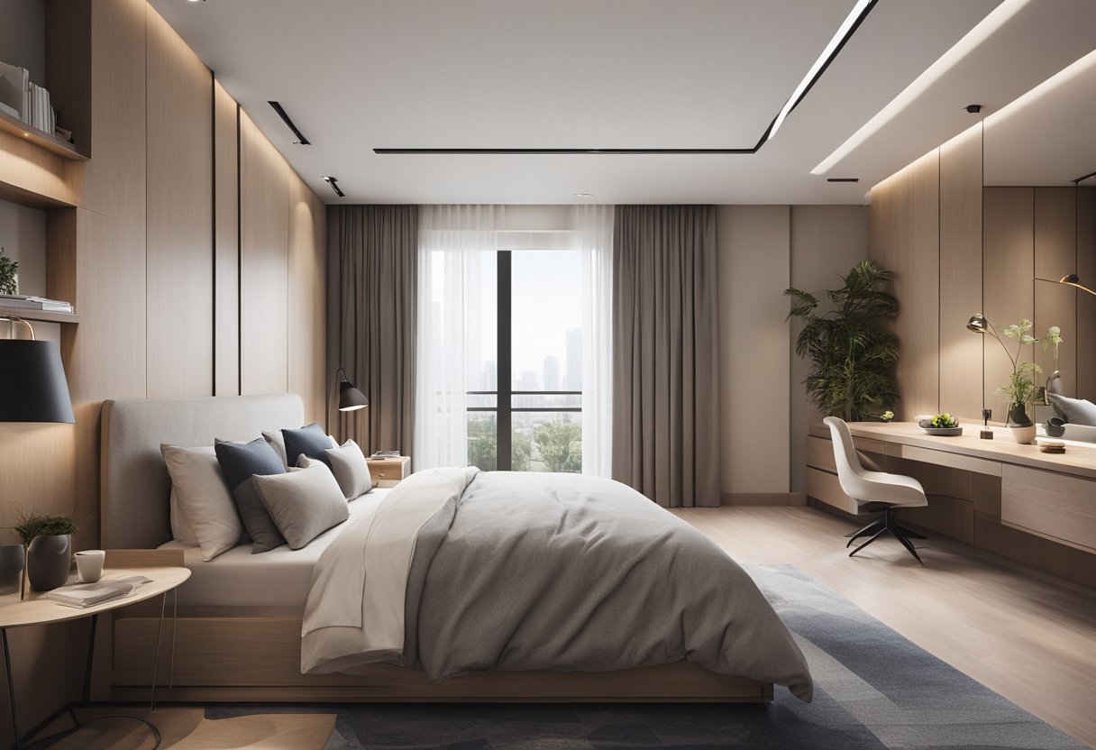 A spacious master bedroom in a 3-room BTO, with minimalist design and ample natural light. A neutral color palette, sleek furniture, and functional storage solutions create a modern and inviting space