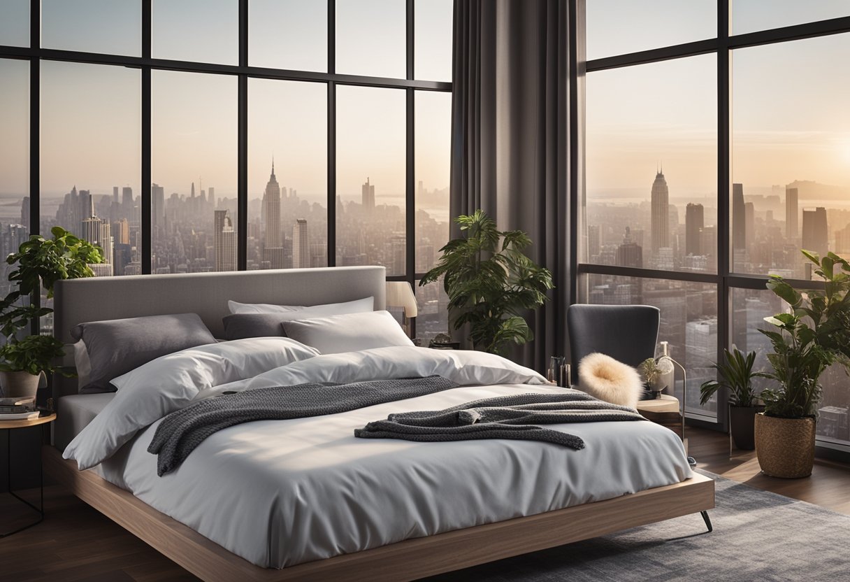 A spacious bedroom with a cozy queen-sized bed, a stylish study desk, and a large window overlooking a serene cityscape