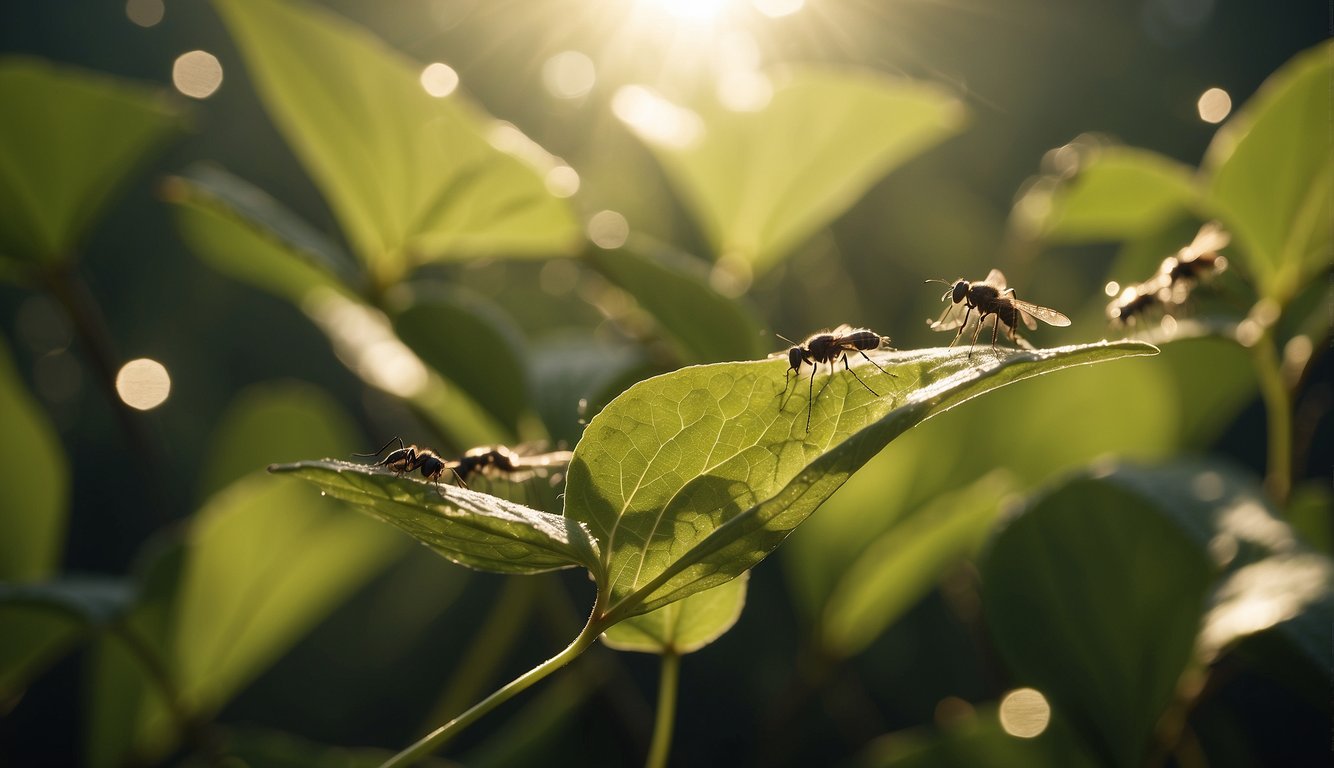 Gnats swarm around a leaf, their tiny bodies illuminated by the sunlight