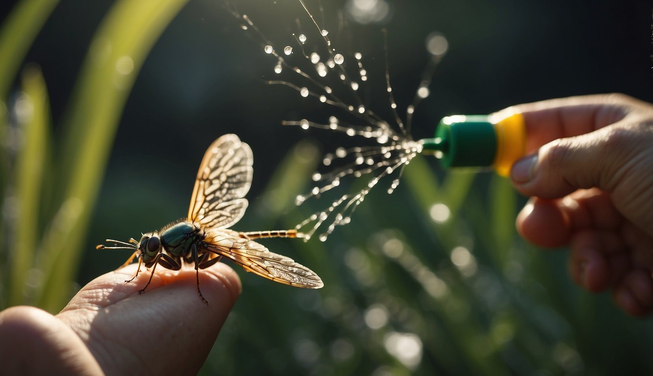 A hand spraying insect repellent on a swarm of gnats