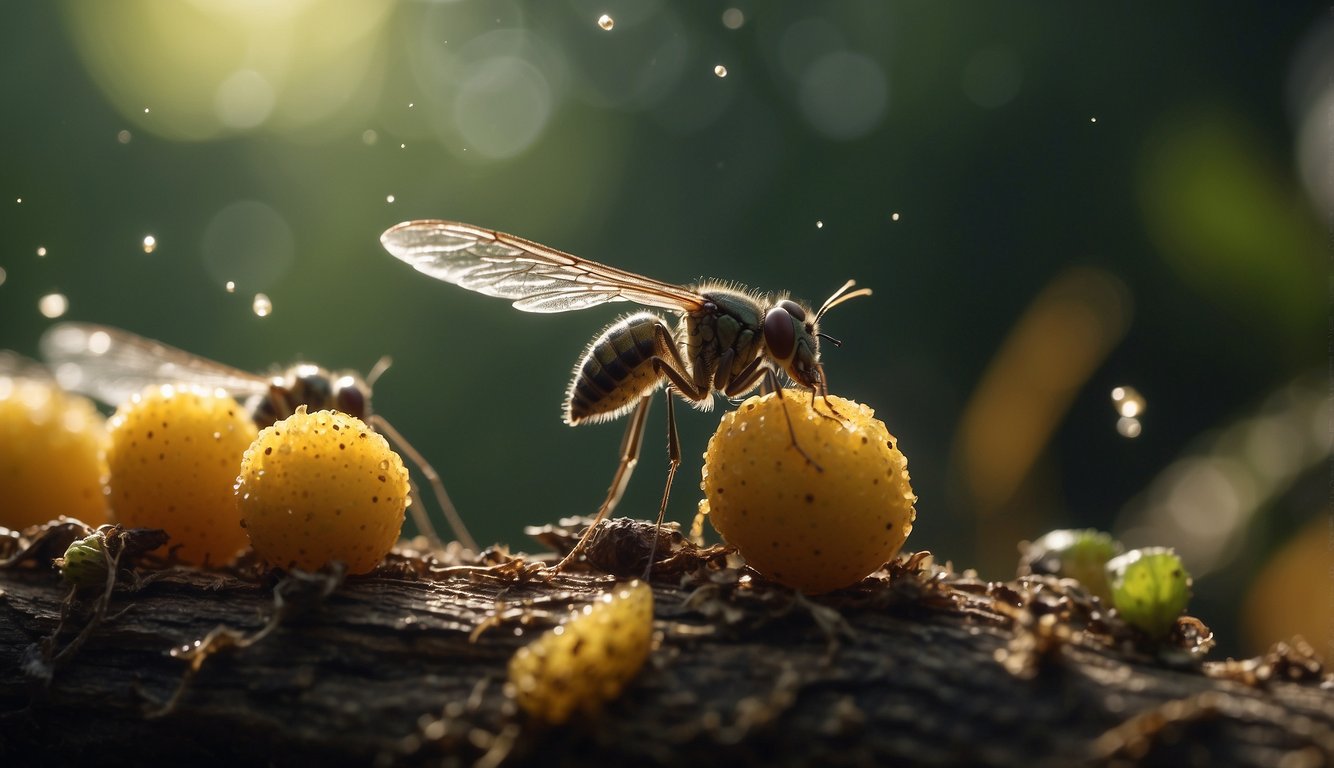 Gnats swarm around a decaying fruit, drawn to its scent. They hover in a chaotic dance, their tiny bodies buzzing in the air