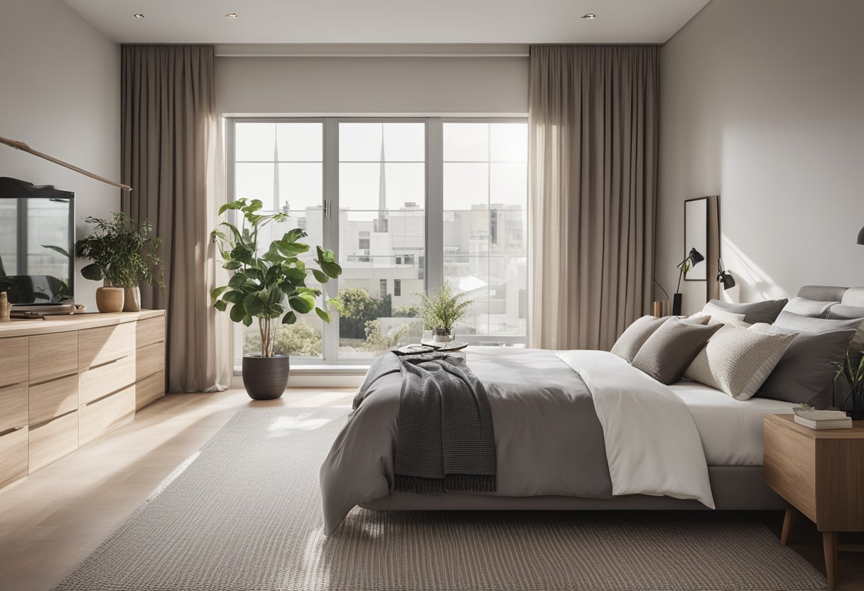 A spacious bedroom with clean lines, modern furniture, and a neutral color palette. A large window lets in natural light, and the room is clutter-free with ample storage space