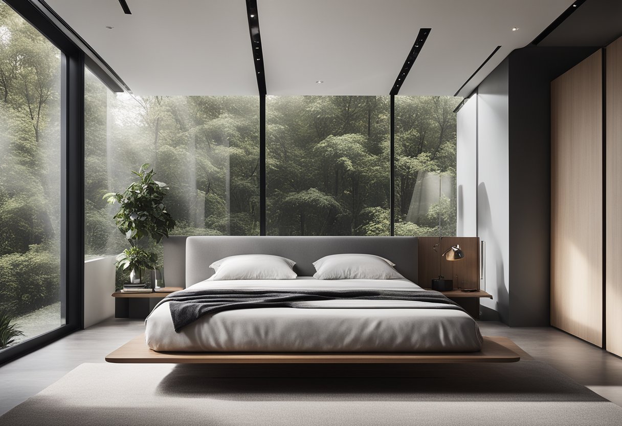 A sleek, modern bachelor bedroom with a platform bed, minimalist furniture, and a monochromatic color scheme. A large window lets in natural light, highlighting the clean lines and contemporary decor