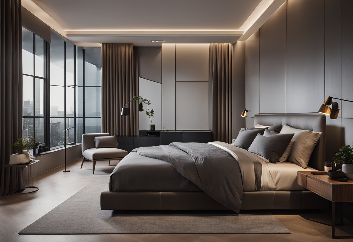 A sleek, modern bedroom with a large, luxurious bed, minimalist furniture, and a sophisticated color palette. A wall-mounted TV, ambient lighting, and a cozy reading nook complete the ultimate bachelor bedroom design