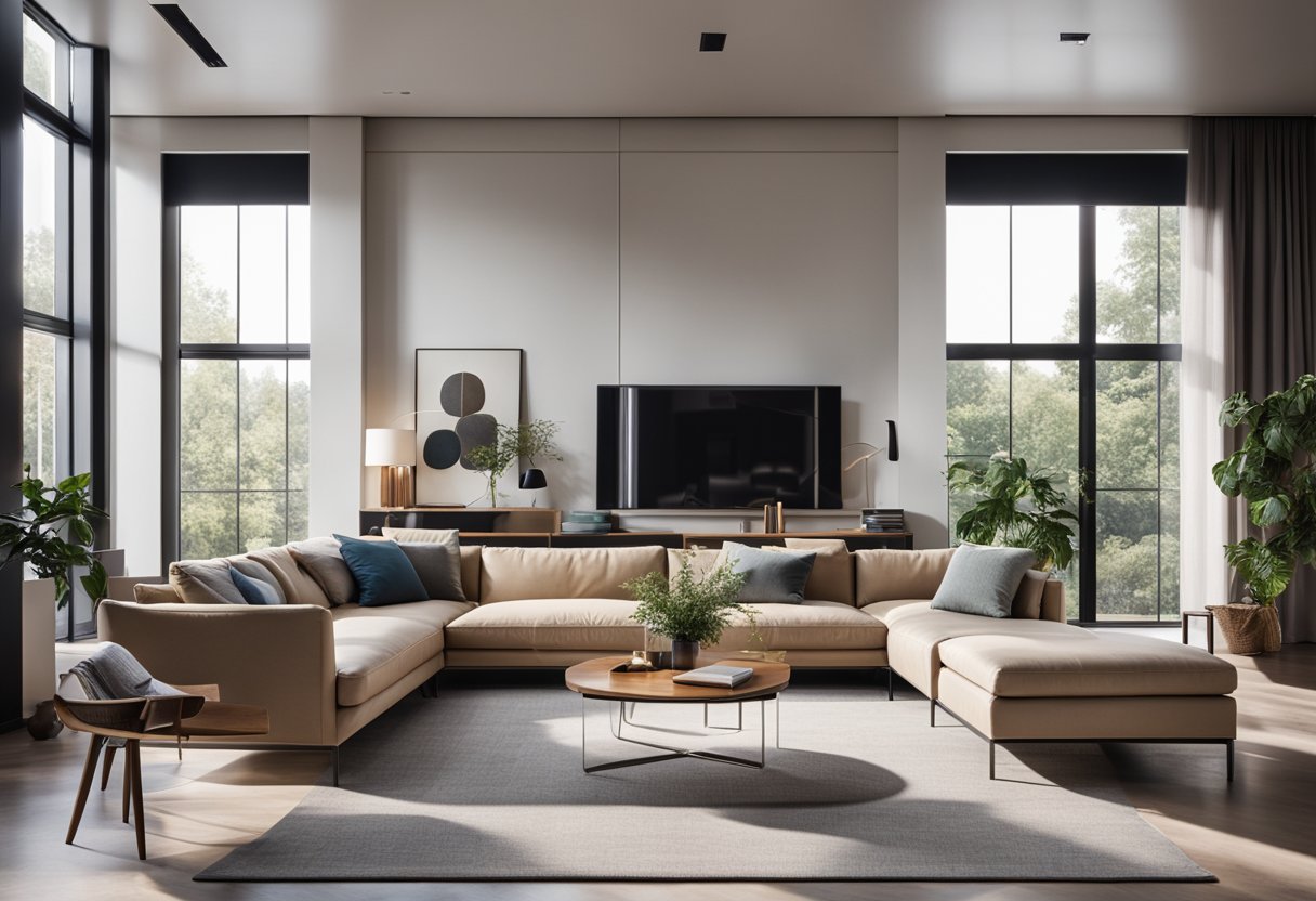 A modern living room with sleek furniture, a large window letting in natural light, and a minimalist color palette
