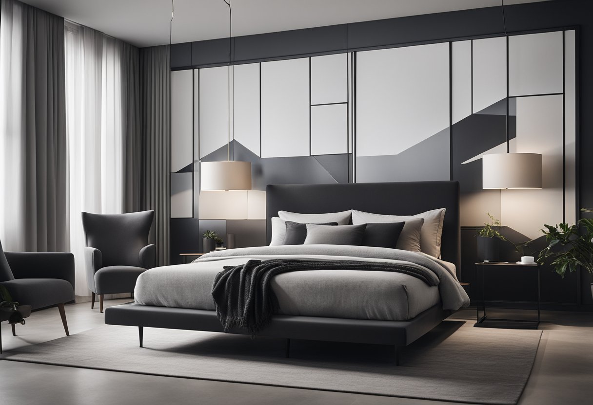 A sleek, minimalist bedroom with a monochromatic color scheme, modern furniture, and clean lines. A large, comfortable bed takes center stage, surrounded by sleek nightstands and contemporary art on the walls
