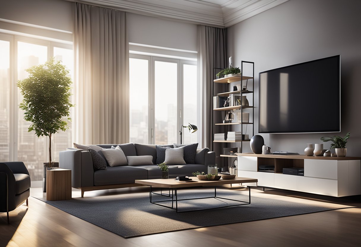 A modern living room with sleek furniture, soft lighting, and intricate details. A computer with Autodesk 3ds Max software is visible on the desk