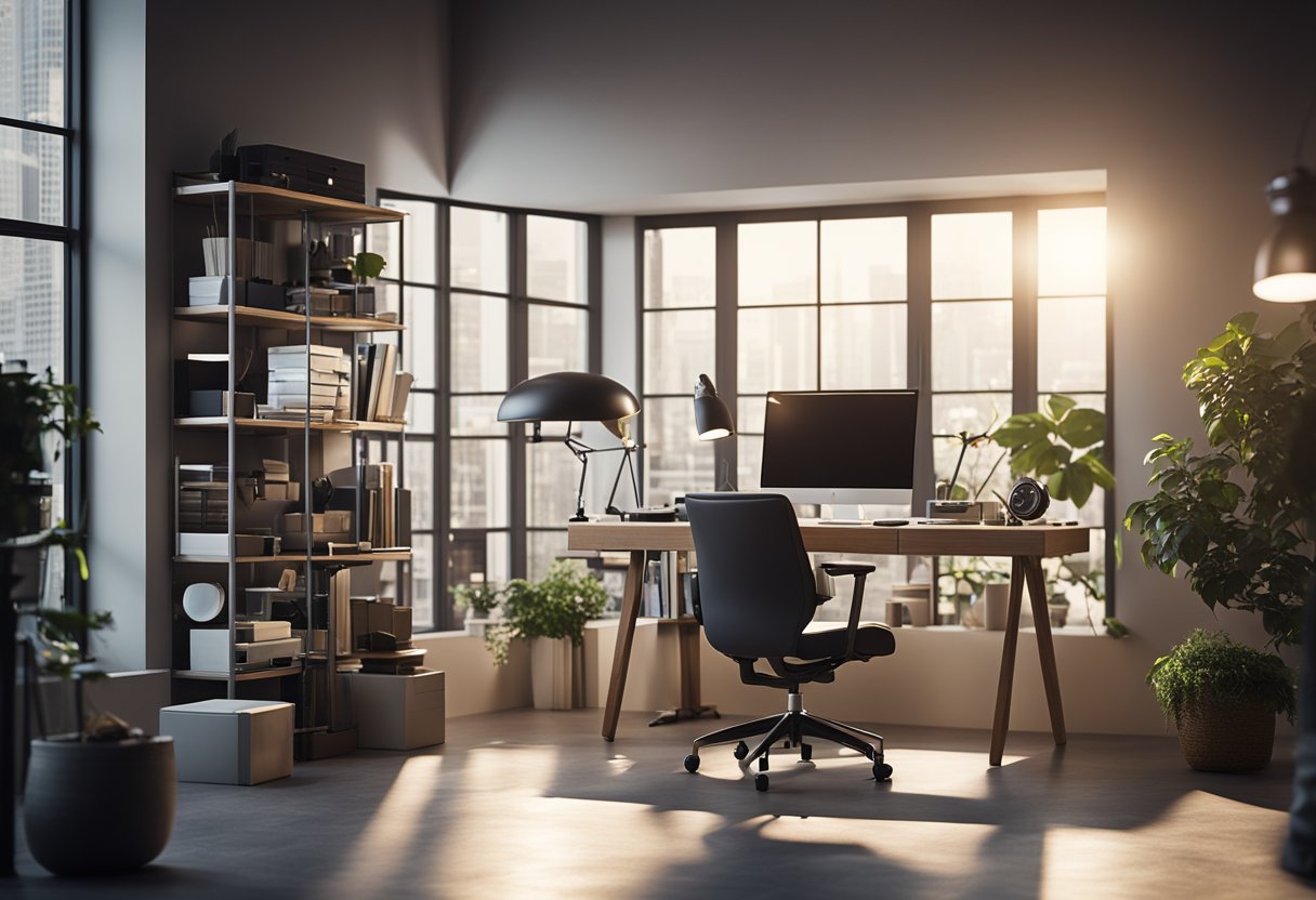 A modern interior design studio with computer, desk, chair, and 3D modeling software on the screen. Light from a window illuminates the space