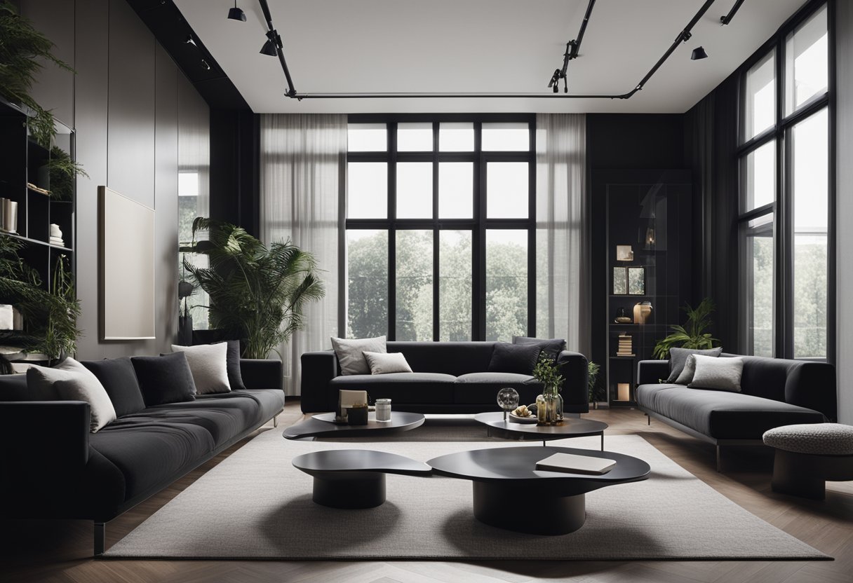 A sleek black interior with modern furniture and minimal decor