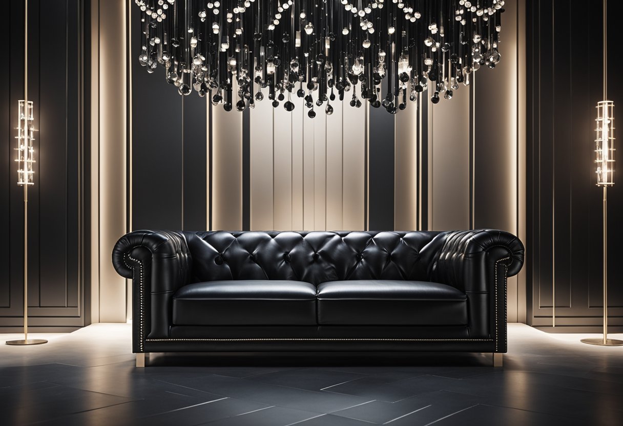 A sleek black leather sofa sits against a matte black accent wall, illuminated by a modern black chandelier. Glass and metal accents add depth to the monochromatic space