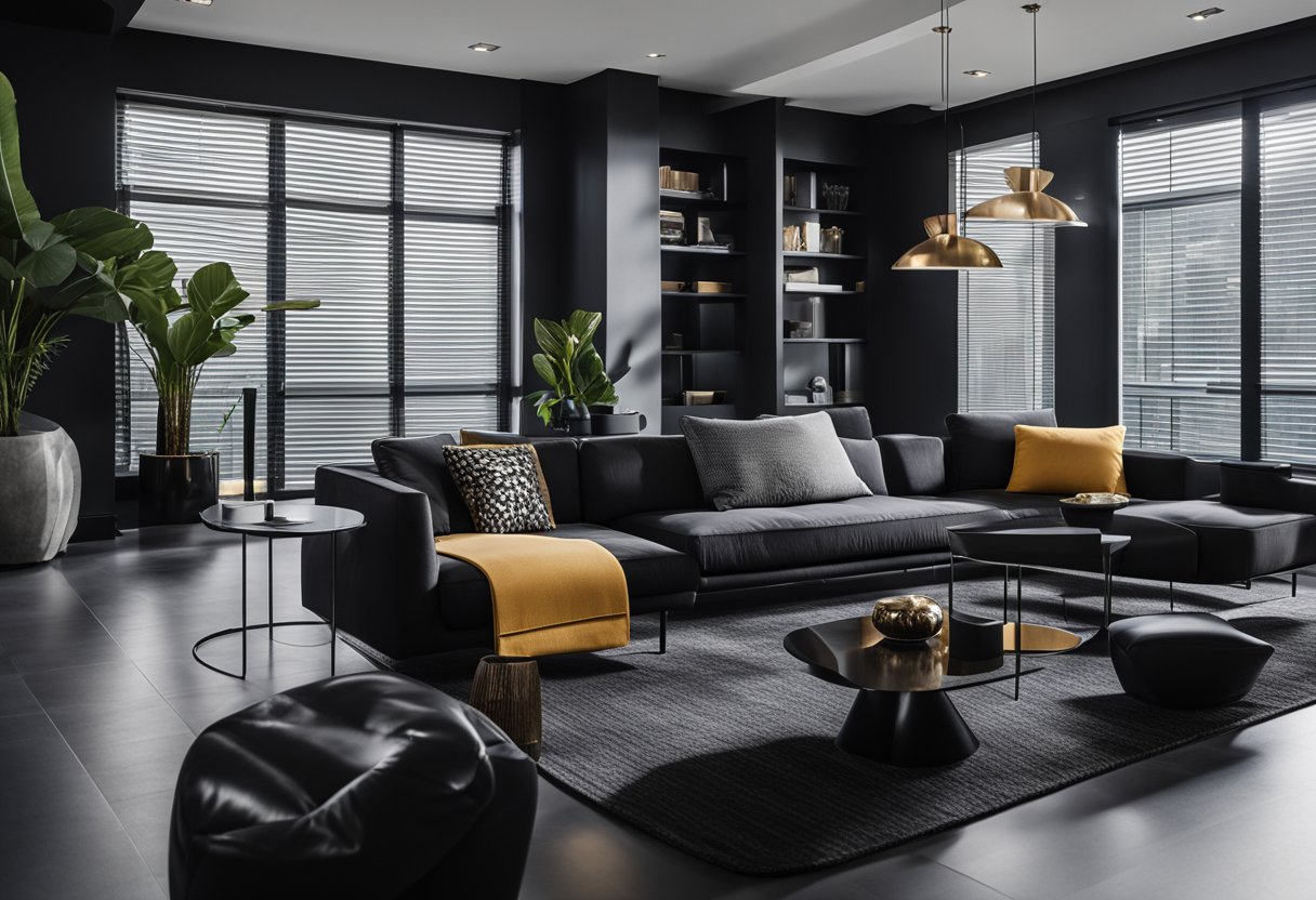 A sleek black interior with modern furnishings and bold accents. Clean lines and minimalistic design create a sophisticated atmosphere